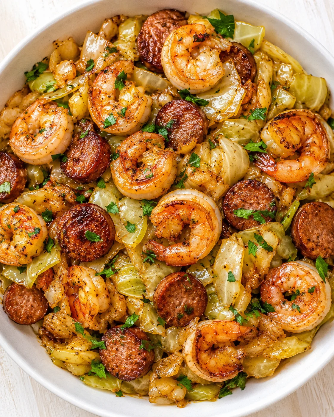 shrimp and sausage slices with cabbage in a white baking dish, garnished with parsley
