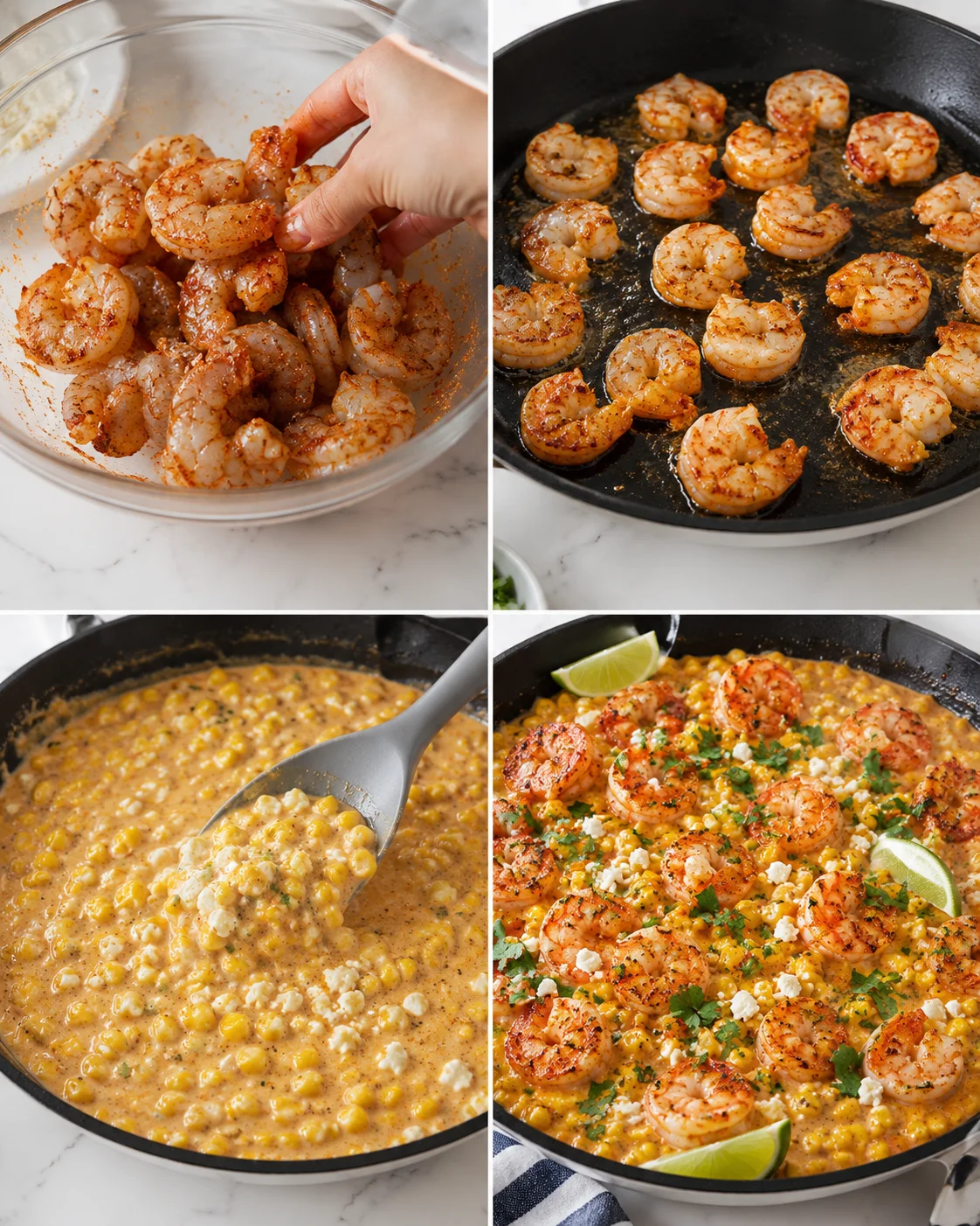 collage of marinated shrimp, skillet-cooked shrimp, creamy corn sauce, finished shrimp-corn dish