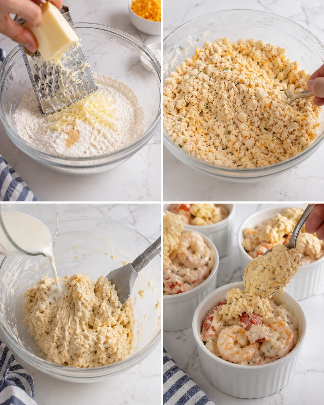 Collage of butter being grated into flour, crumbly herb topping, milk being poured, and shrimp-filled cups with crumb topping.