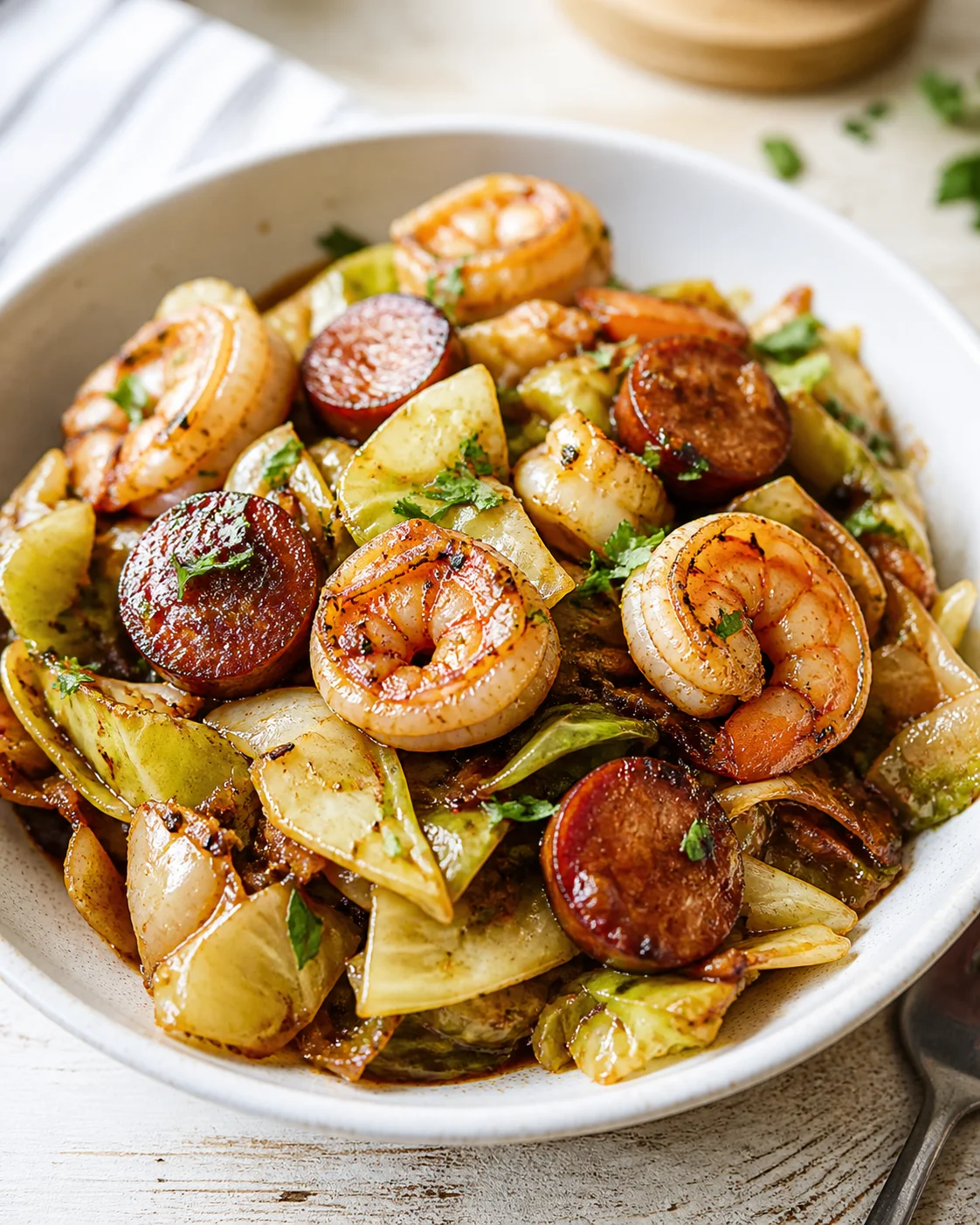 A white bowl of shrimp, sausage, potatoes, and cabbage garnished with parsley.