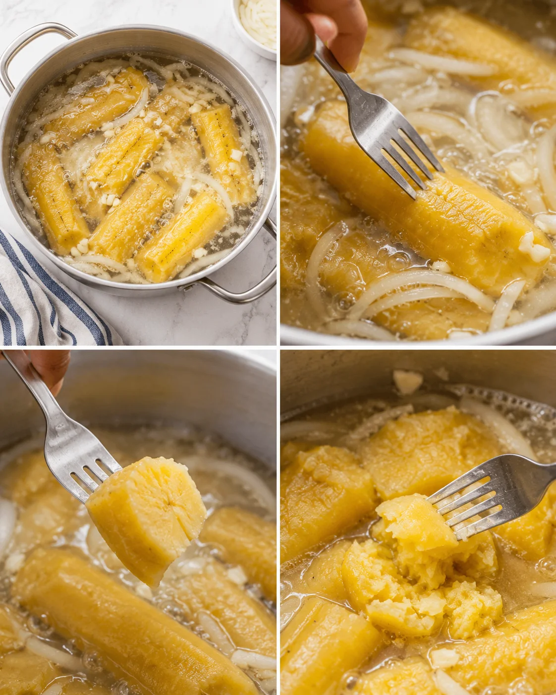 collage showing plantains simmering in onion broth with onions and garlic, four-panel cooking-process montage, close-ups and action shots
