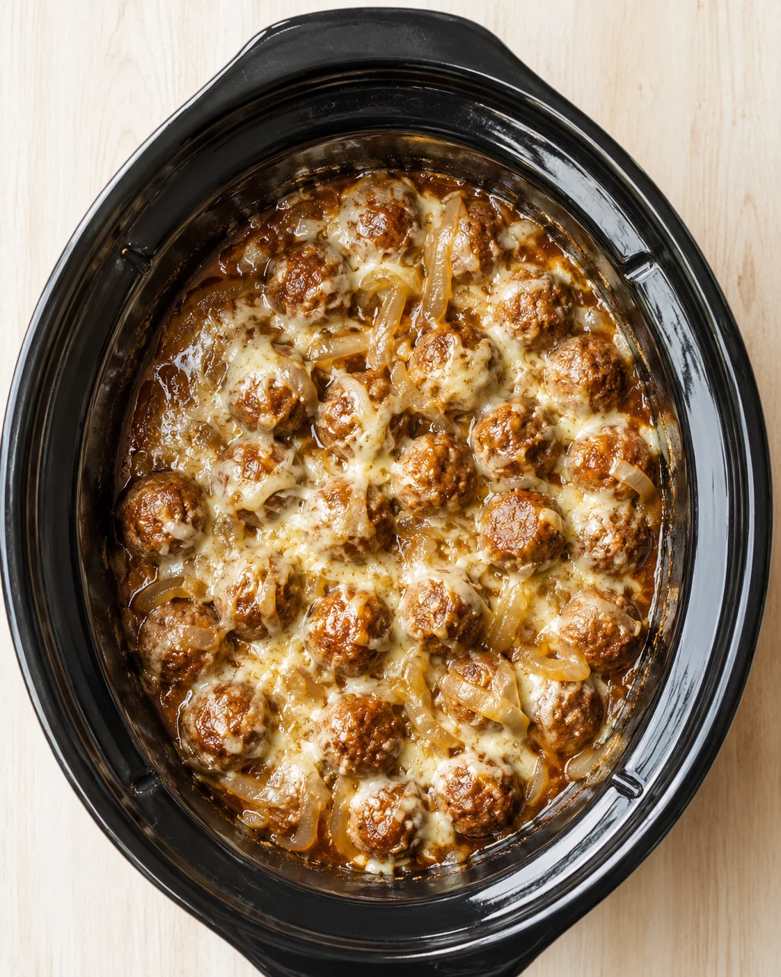 Meatballs in brown sauce with onions in a black slow cooker.