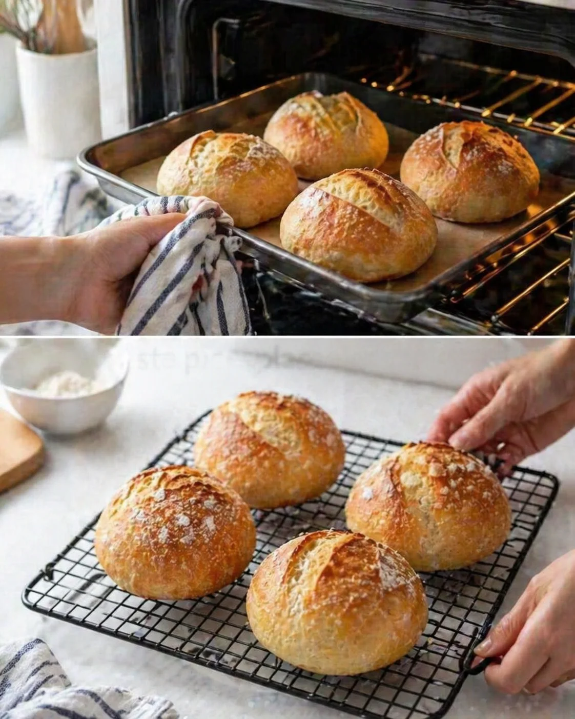 Golden-brown round bread rolls cooling on a wire rack next to a baking tray.
