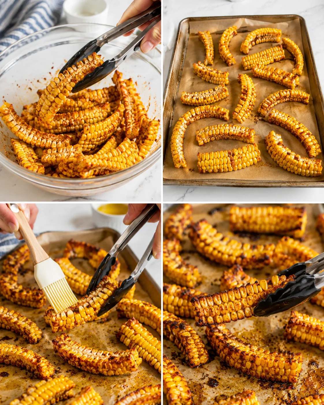 four-panel collage of spiced roasted corn wedges, showing tongs, a pastry brush, and a baking sheet