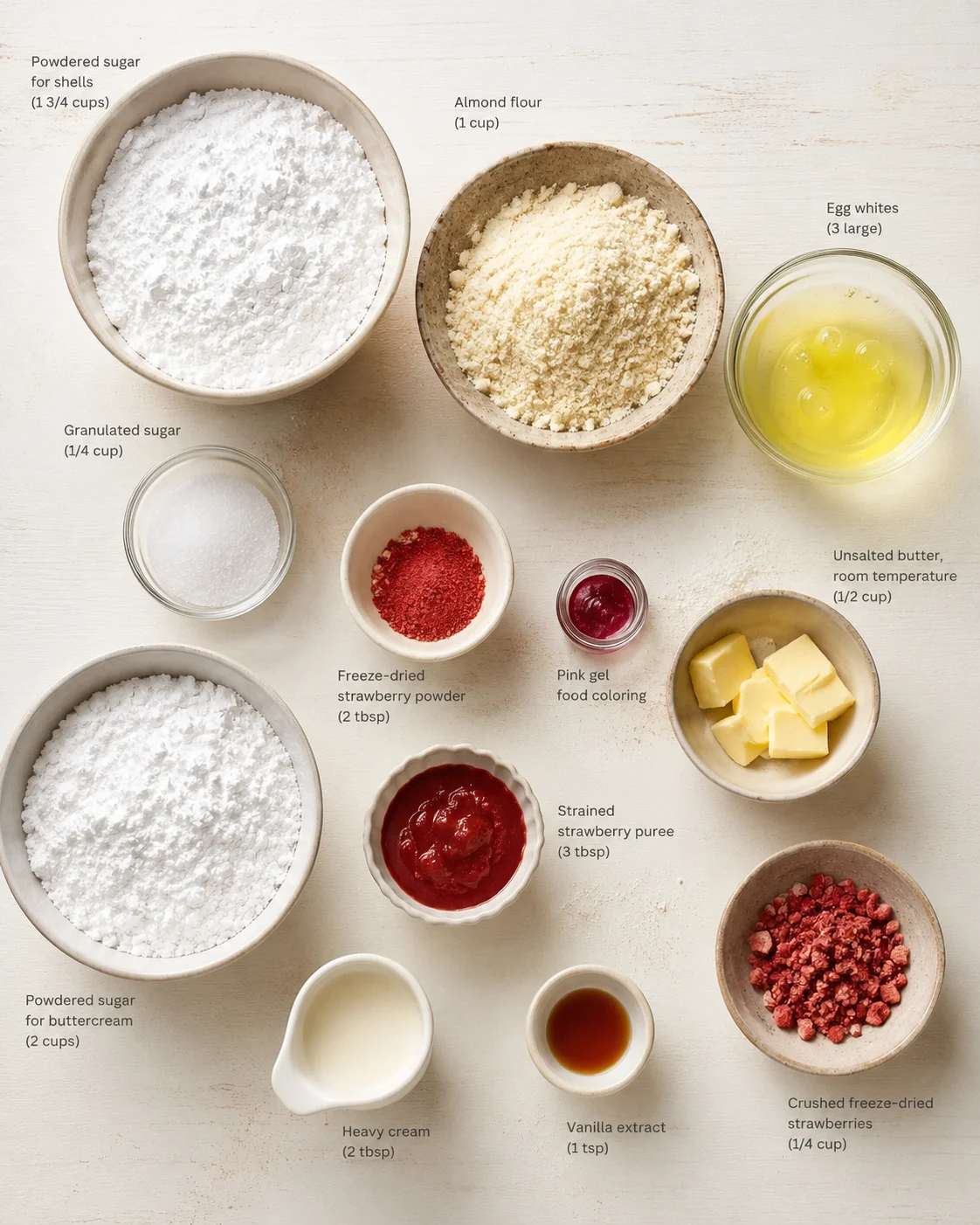 Overhead view of labeled baking ingredients arranged on a pale wooden surface, including flours, sugars, dairy, and strawberries.