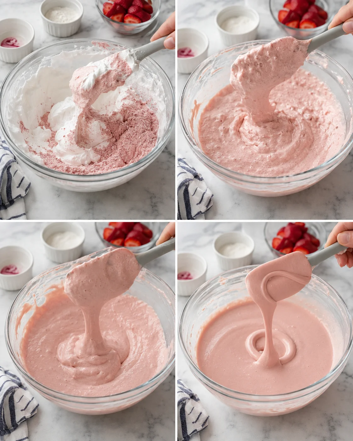 Four-panel collage showing strawberry mousse being mixed in a glass bowl with whipped cream and fresh strawberries in the background.