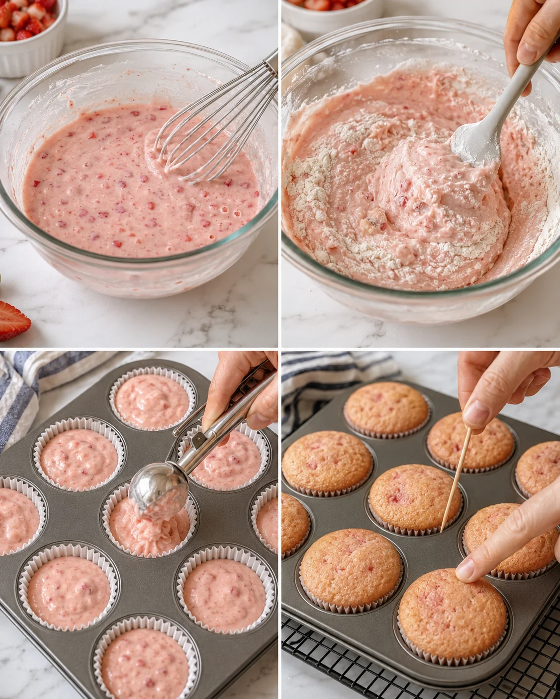 A four-panel collage showing pink strawberry muffin batter whisking, thickening, scooping into liners, and baked muffins.