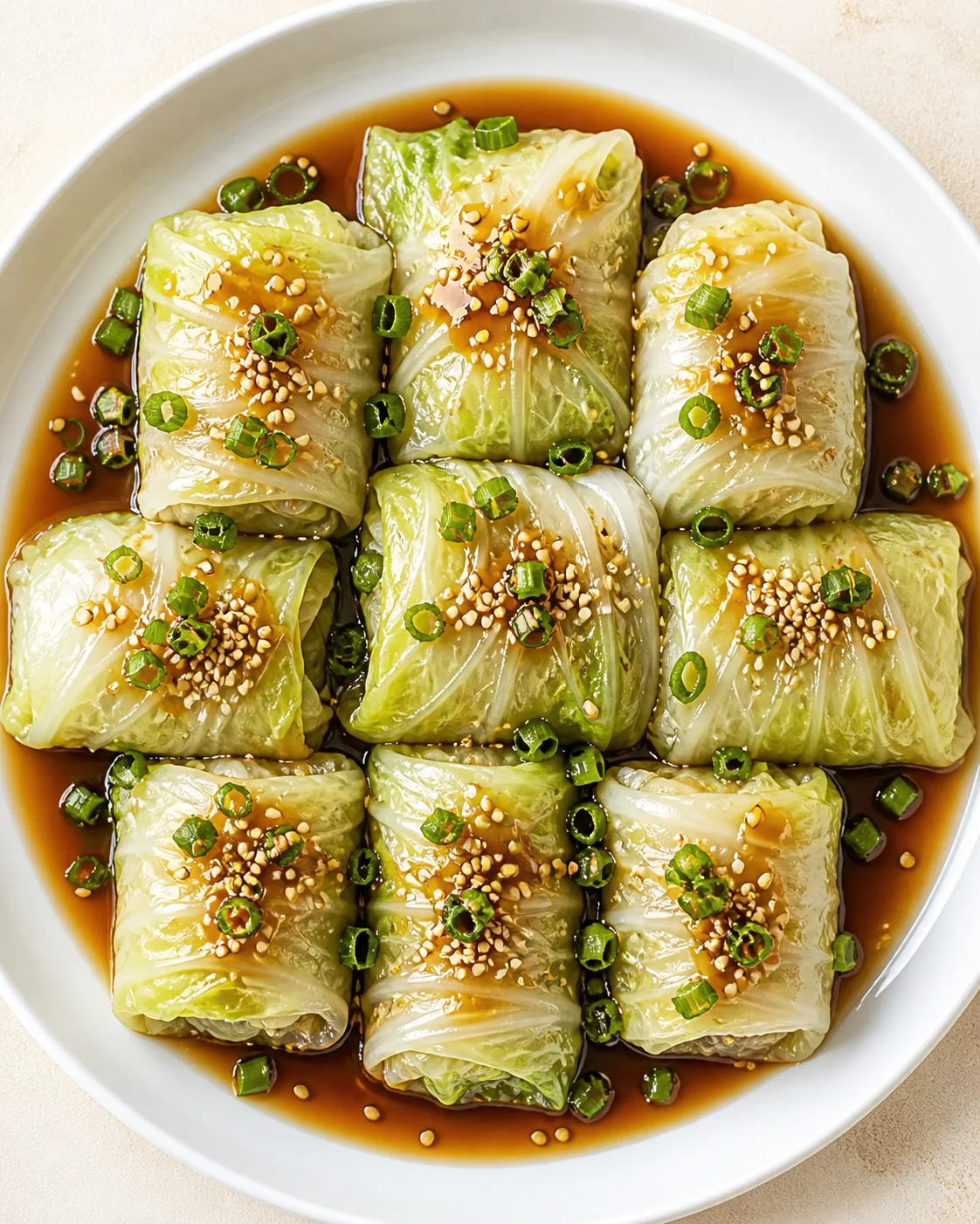 Top-down view of cabbage rolls arranged on a white plate with brown sauce, sesame seeds, and green onions.