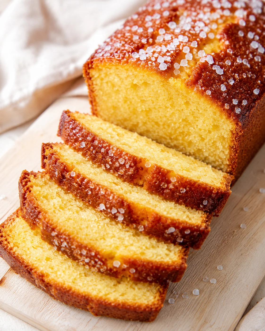 close-up of lemon loaf slices with coarse sugar on top on a wooden board