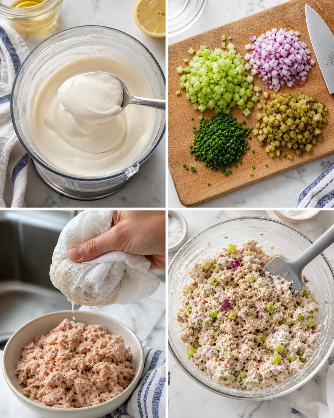 Collage of tuna-salad prep: mayo base, chopped celery and red onion, drained tuna, and finished mixture.