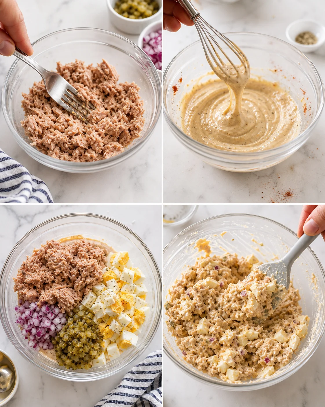 Collage showing tuna being mashed, creamy dressing whisked, chopped eggs and onions added, and mixed tuna salad.