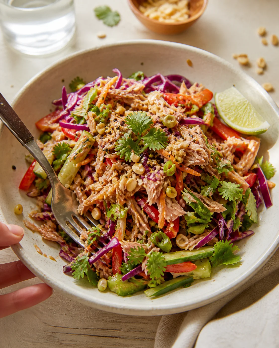 Colorful tuna and vegetable salad in a bowl with red cabbage, carrots, peppers, cucumber, cilantro, peanuts, and lime.