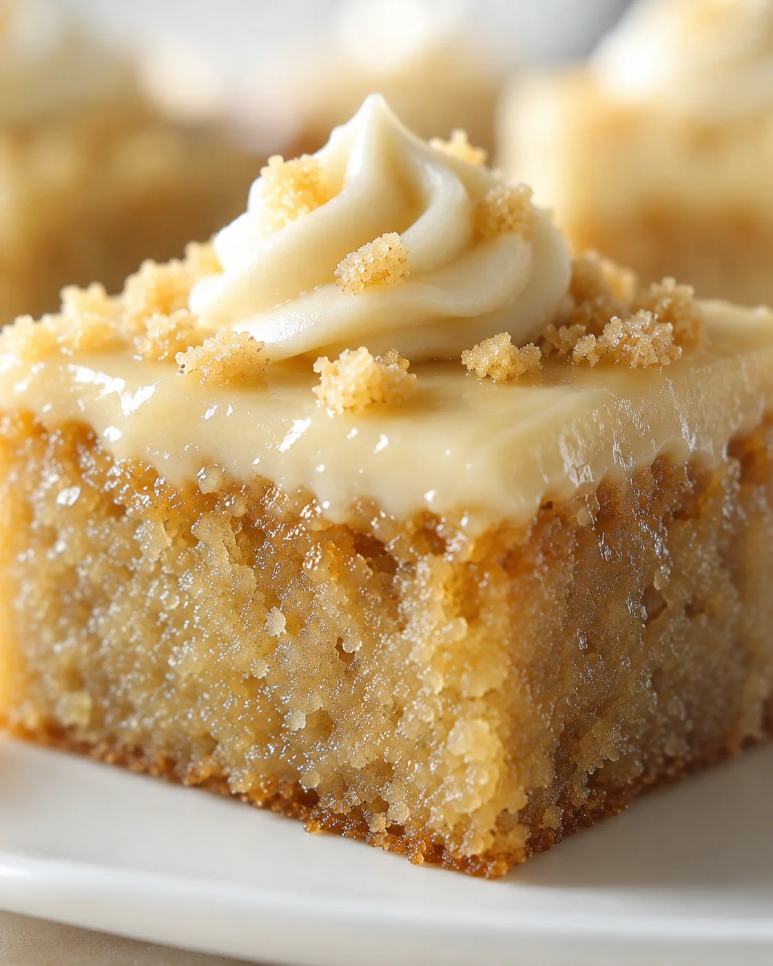Close-up of a square vanilla buttercream cake slice with sugar crumb topping.