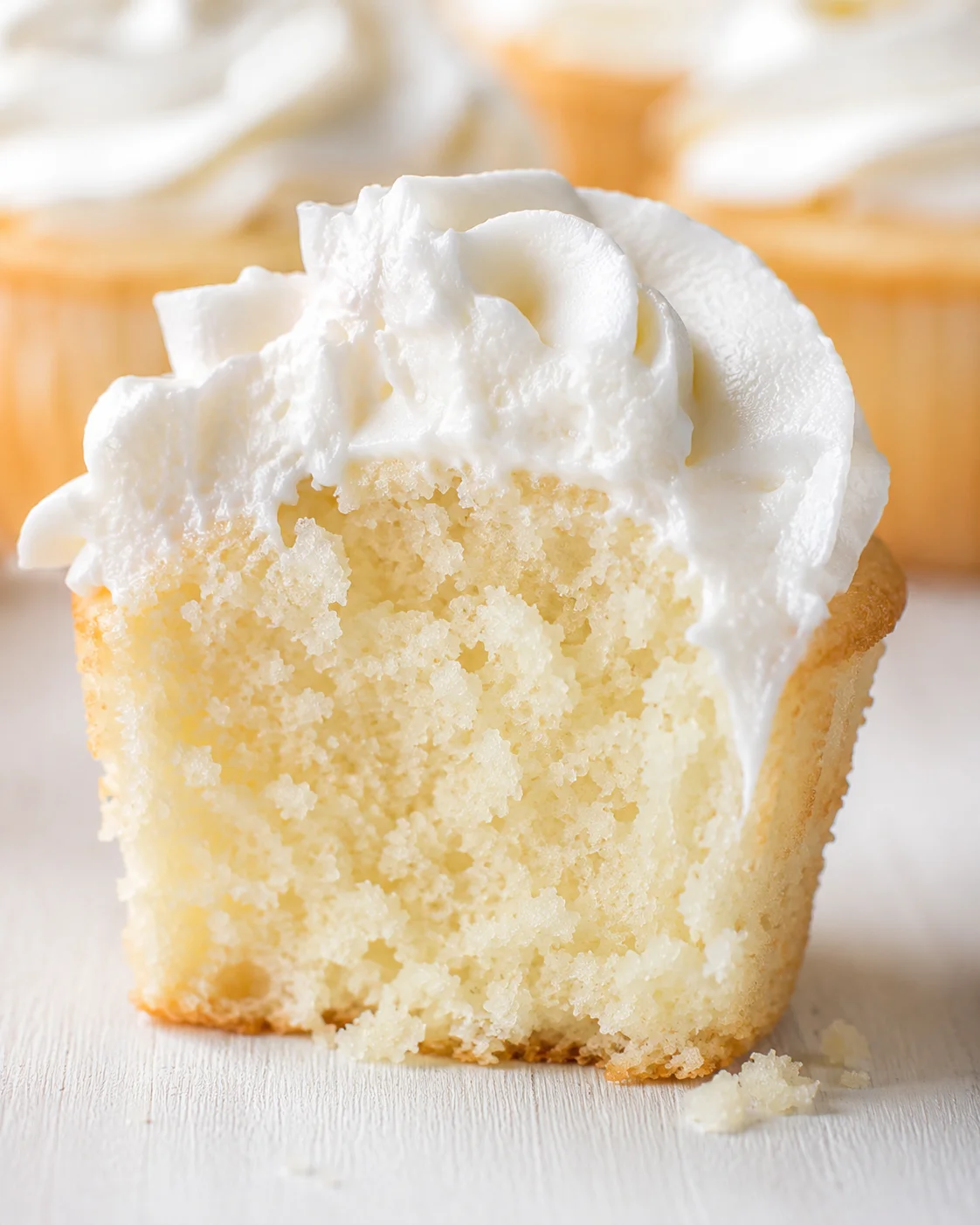 Close-up of a vanilla cupcake topped with a thick swirl of white frosting.