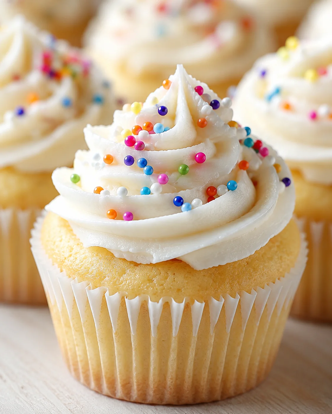Close-up of a vanilla cupcake with glossy white frosting and colorful sprinkles.