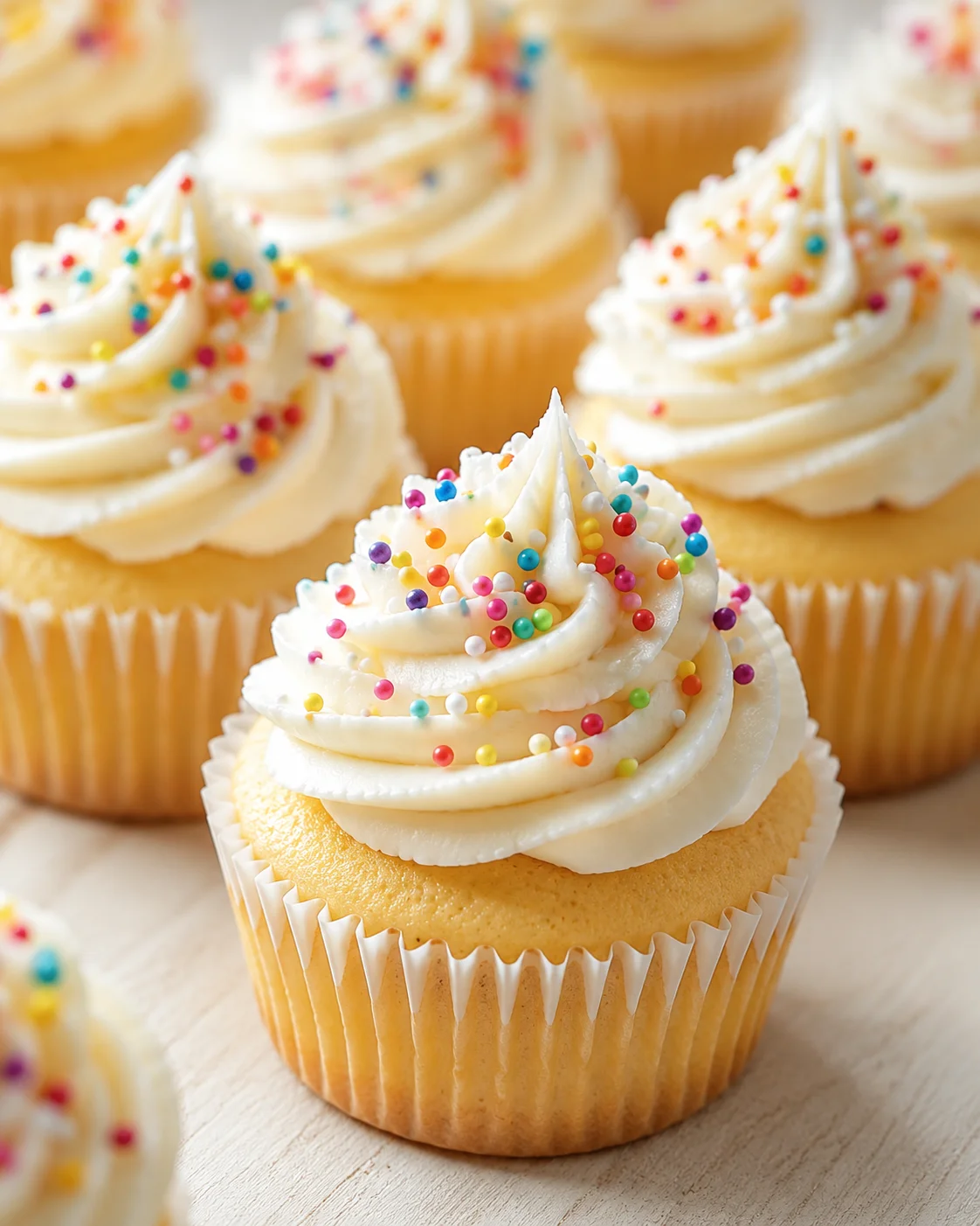 Close-up of vanilla cupcakes with white frosting and colorful sprinkles.
