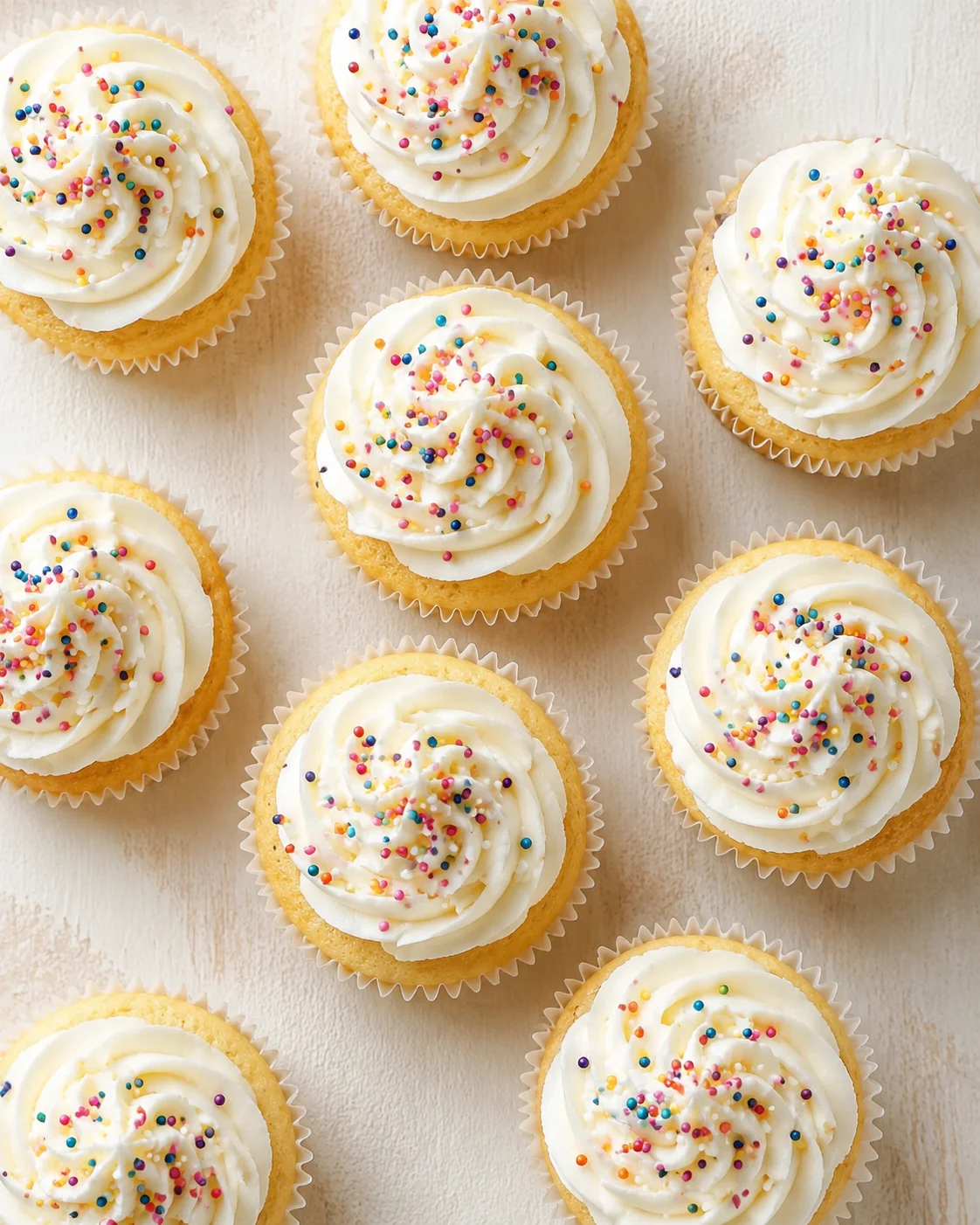 Cupcakes with white frosting and colorful sprinkles on a light textured surface.