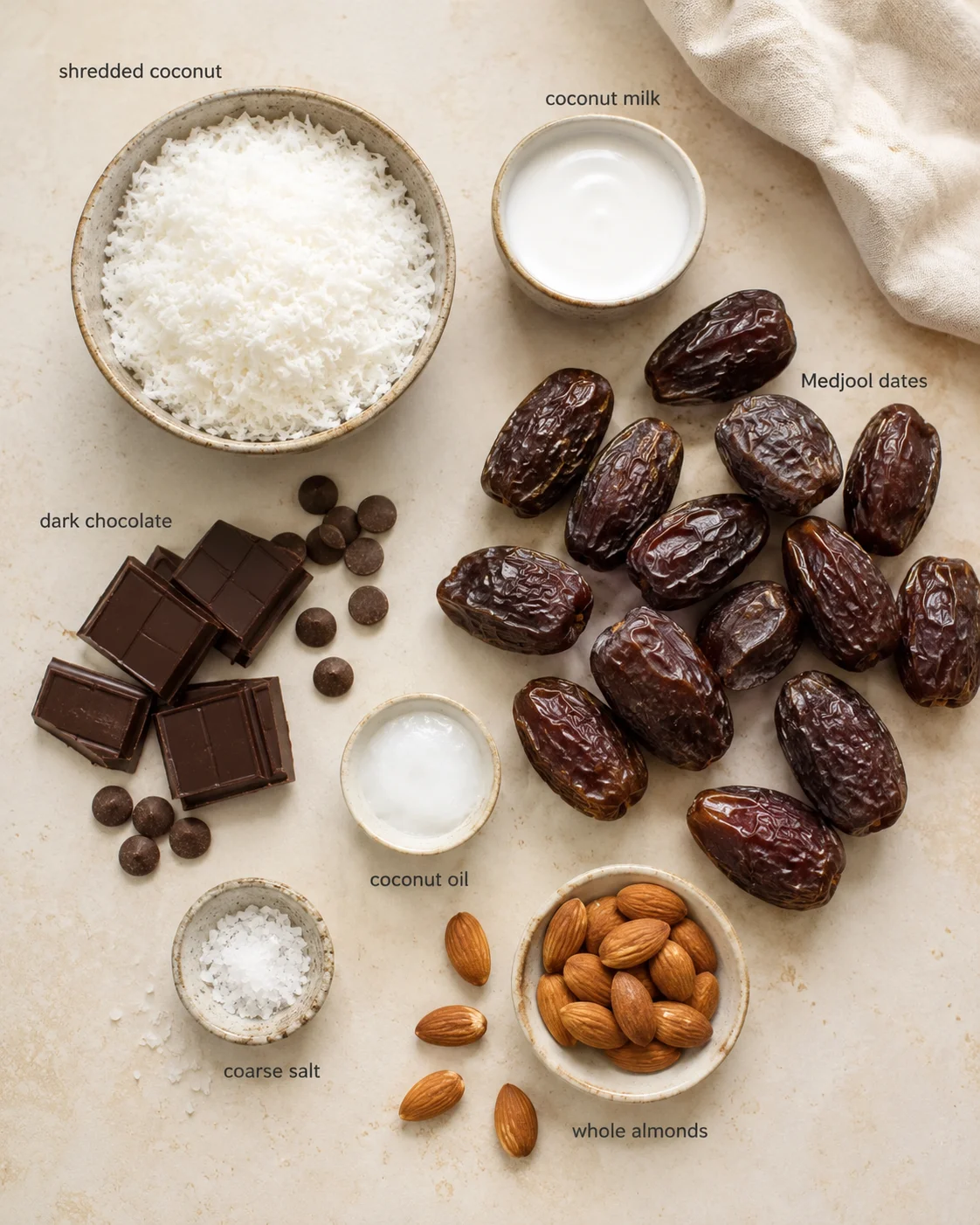 Overhead view of vegan chocolate-date ingredients: shredded coconut, dates, dark chocolate, almonds, coconut oil, and salt on a beige surface.
