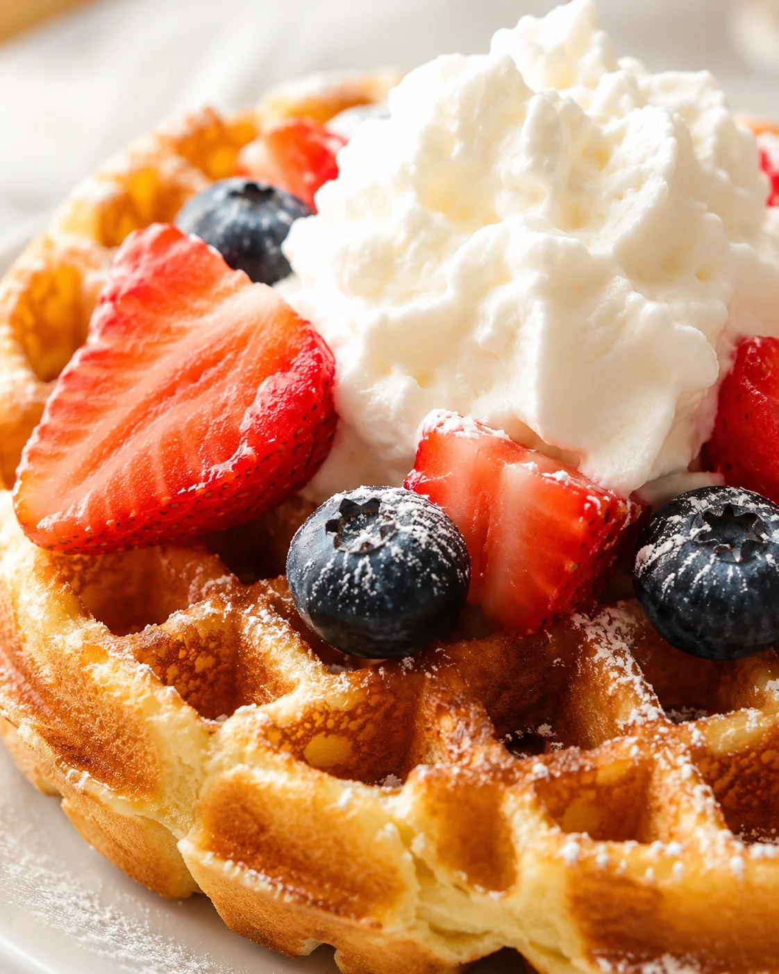 Golden waffles topped with whipped cream and fresh strawberries and blueberries.