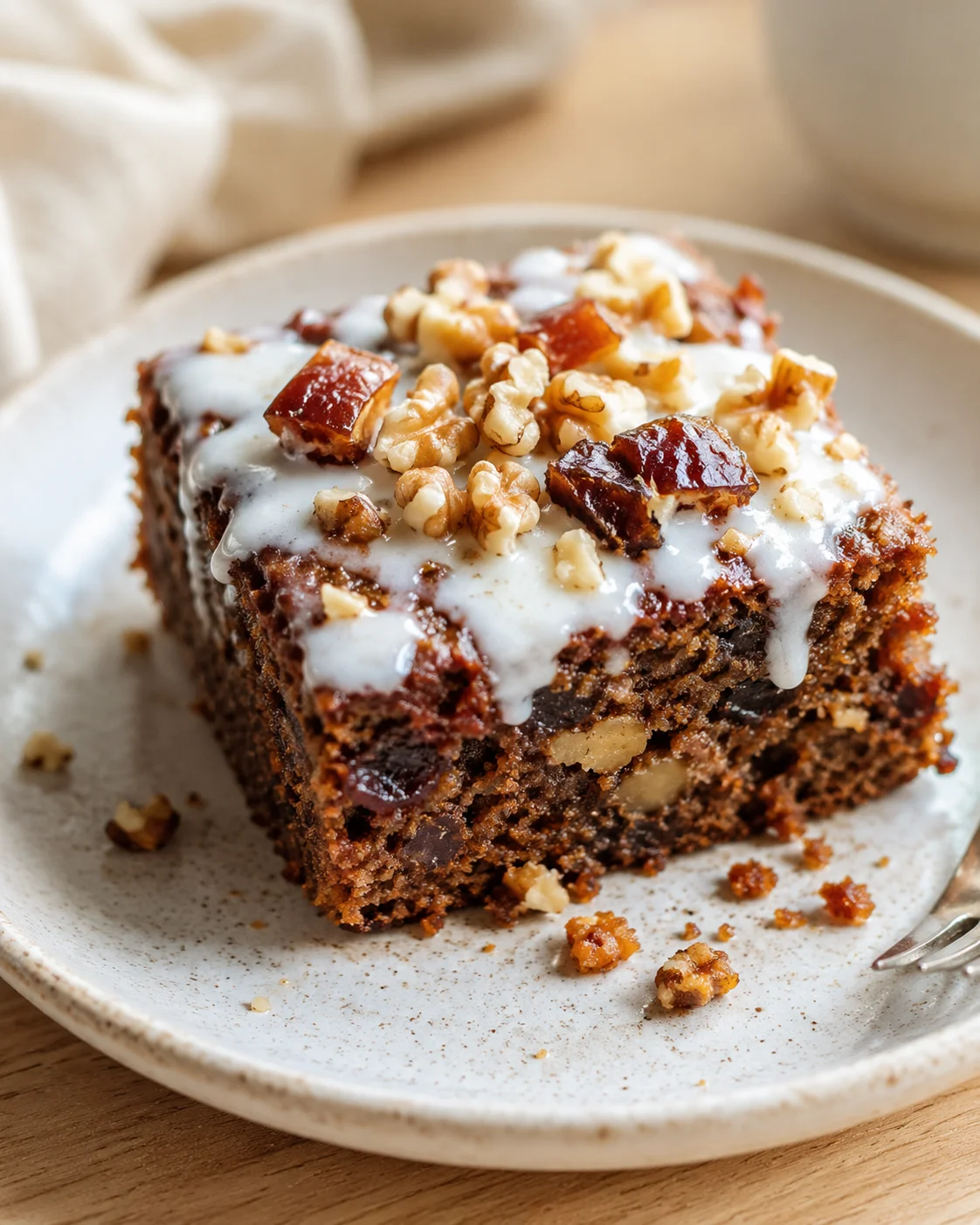 Moist chocolate cake slice with white glaze and walnuts on a beige plate.