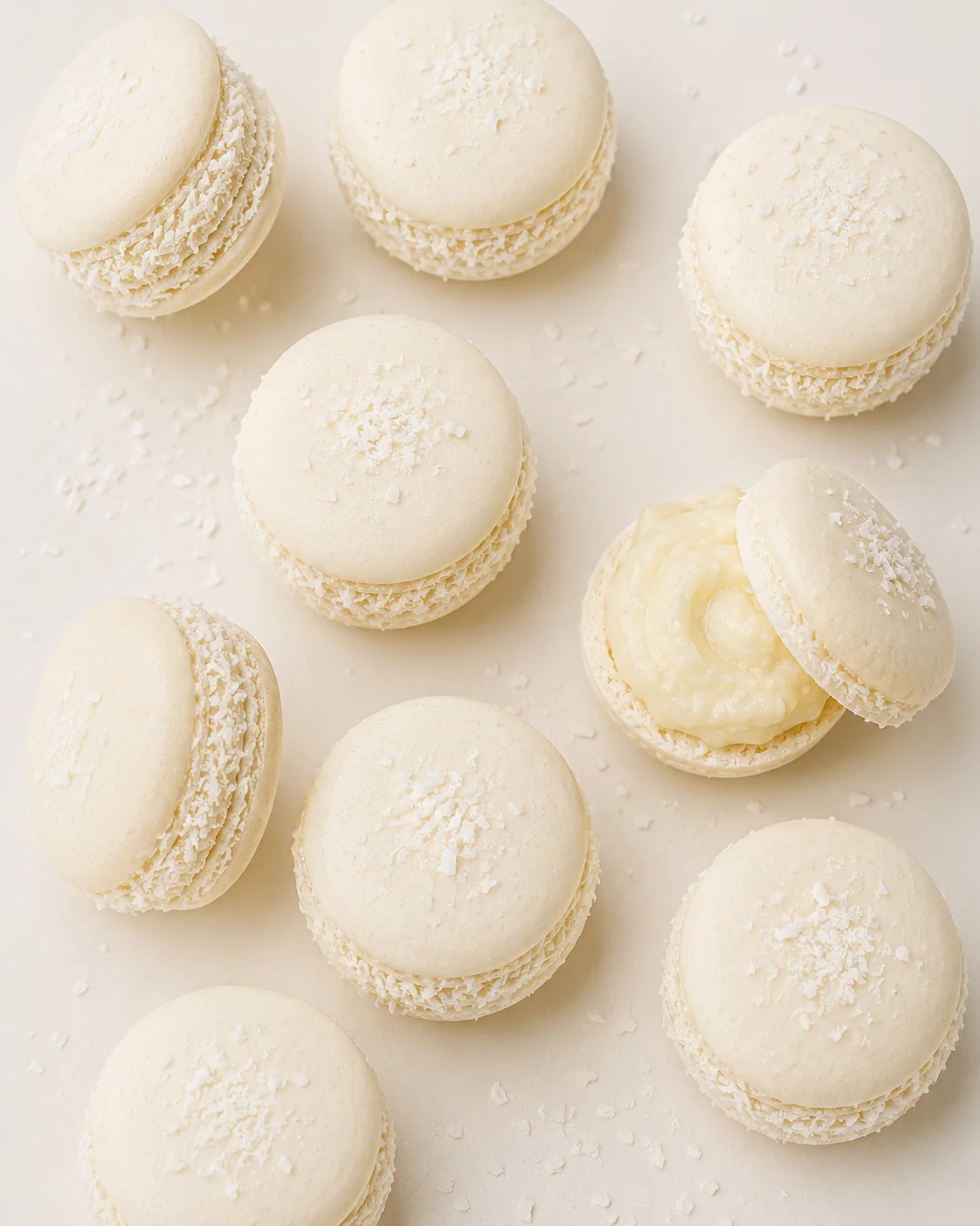 A close-up overhead of delicate white macarons with creamy filling, scattered on a pale beige background.