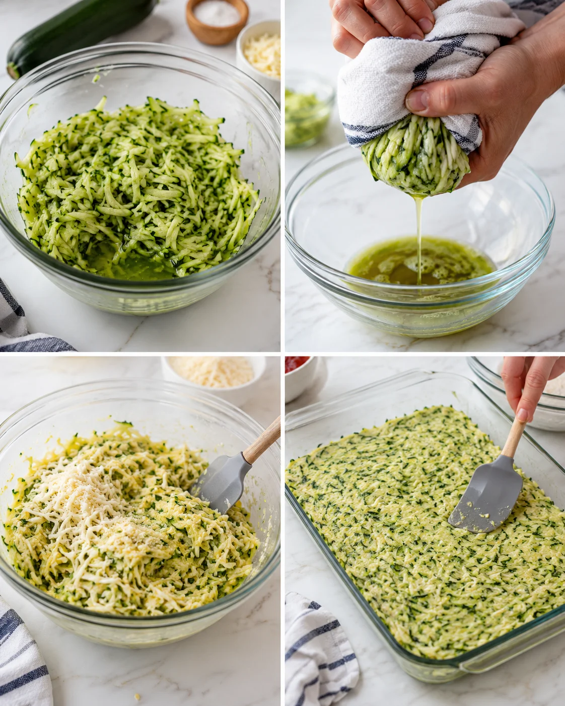 collage showing shredded zucchini prepared, squeezed dry, mixed with cheese, and spread into a baking dish.