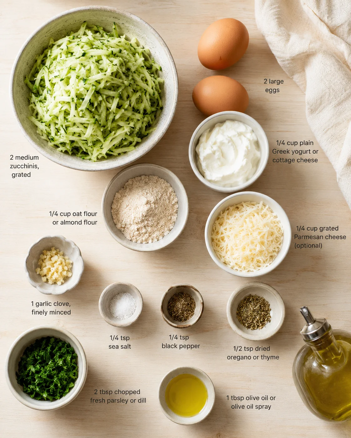 Top-down view of ingredients for zucchini fritter batter: grated zucchini, eggs, yogurt, cheese, flour, garlic, herbs, olive oil.