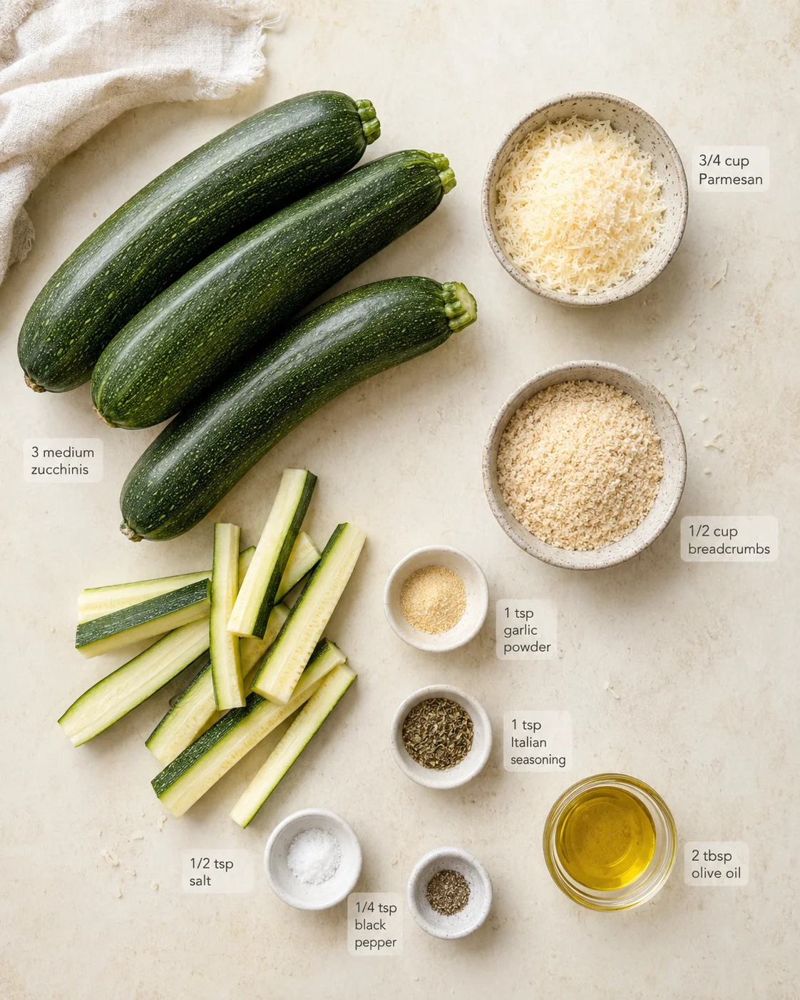 Three zucchinis with parmesan, breadcrumbs, and spices arranged on a light countertop.