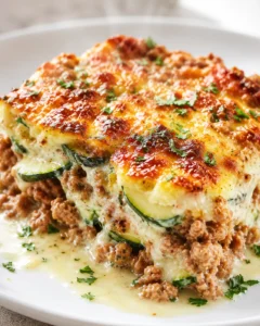 close-up of baked zucchini lasagna with ground meat and melted cheese on a white plate