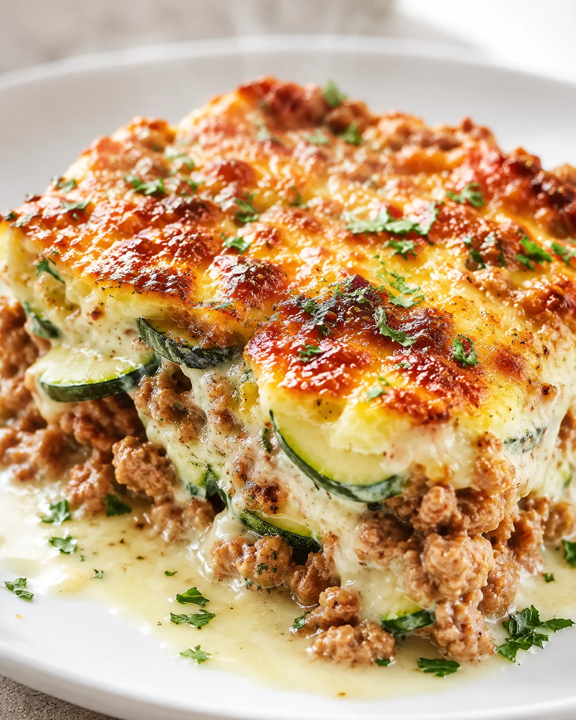 close-up of baked zucchini lasagna with ground meat and melted cheese on a white plate