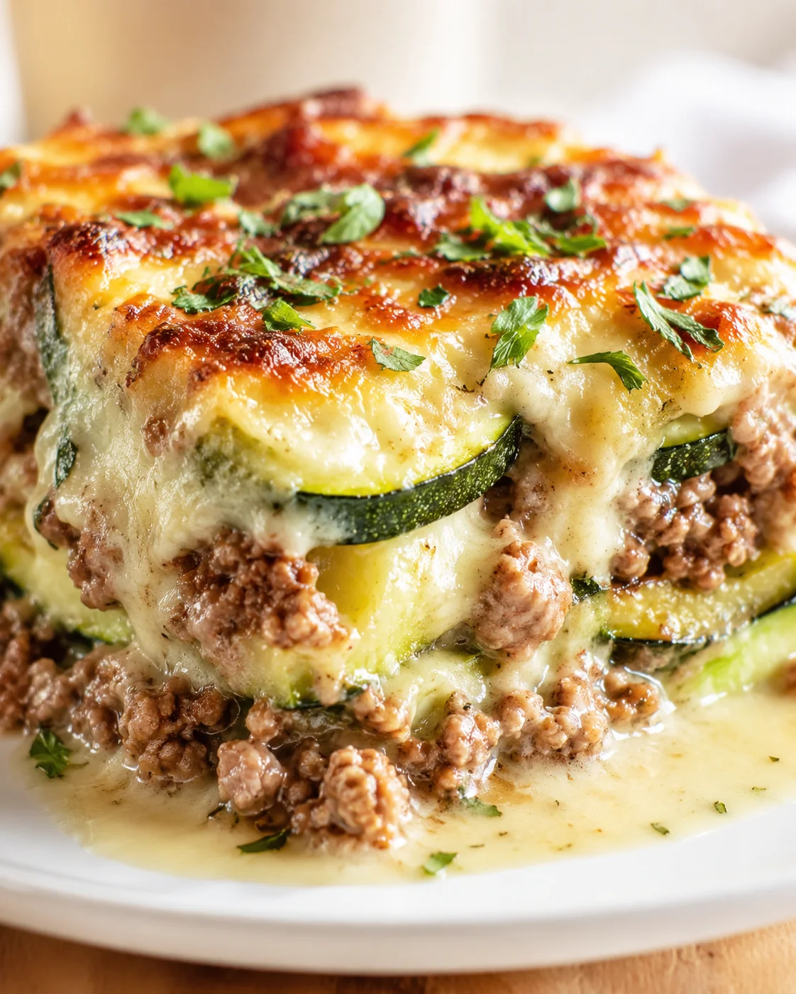 Close-up of layered zucchini lasagna with melted cheese and parsley garnish.