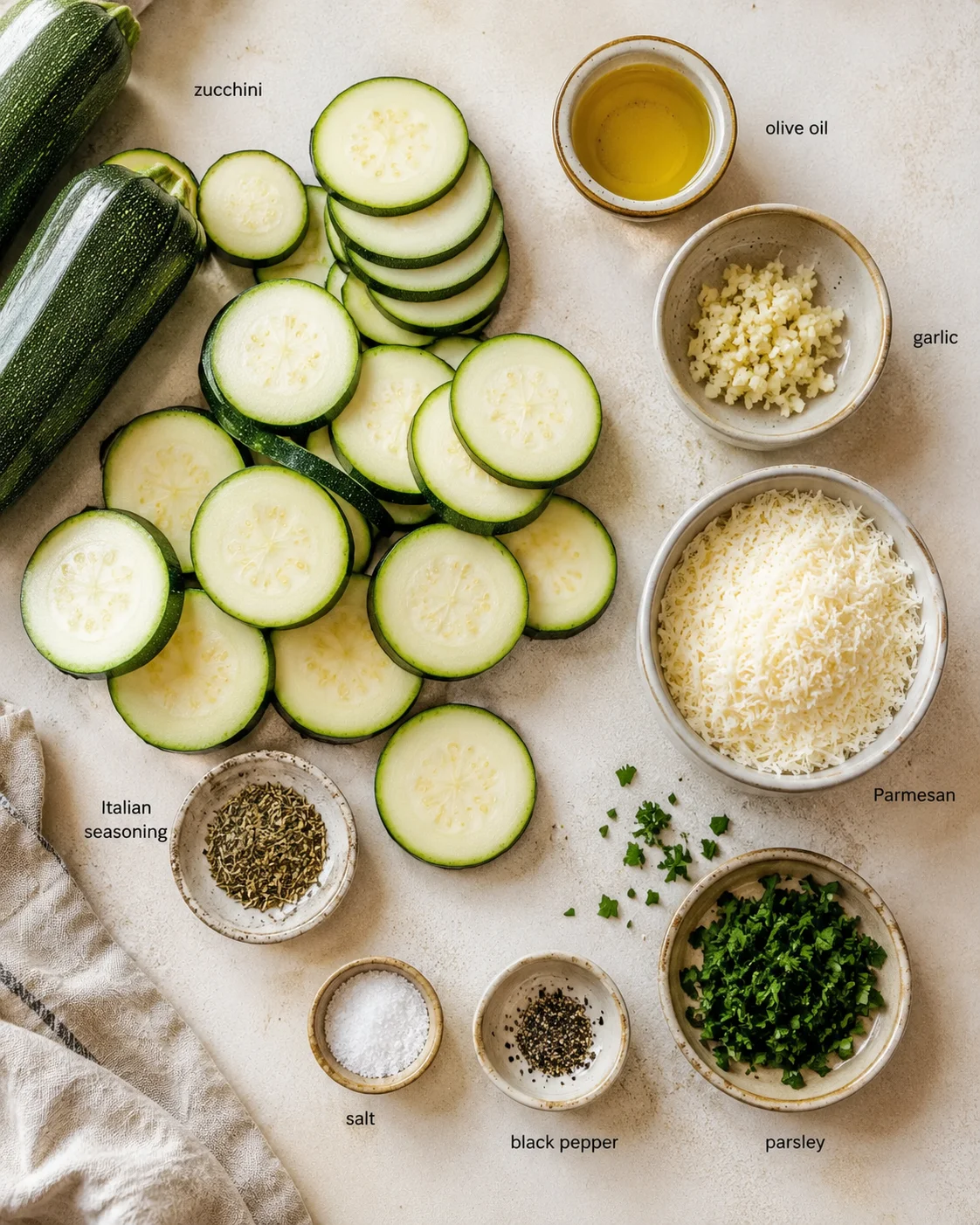 Flat lay of zucchini slices surrounded by bowls of olive oil, garlic, parmesan, salt, pepper, and parsley.
