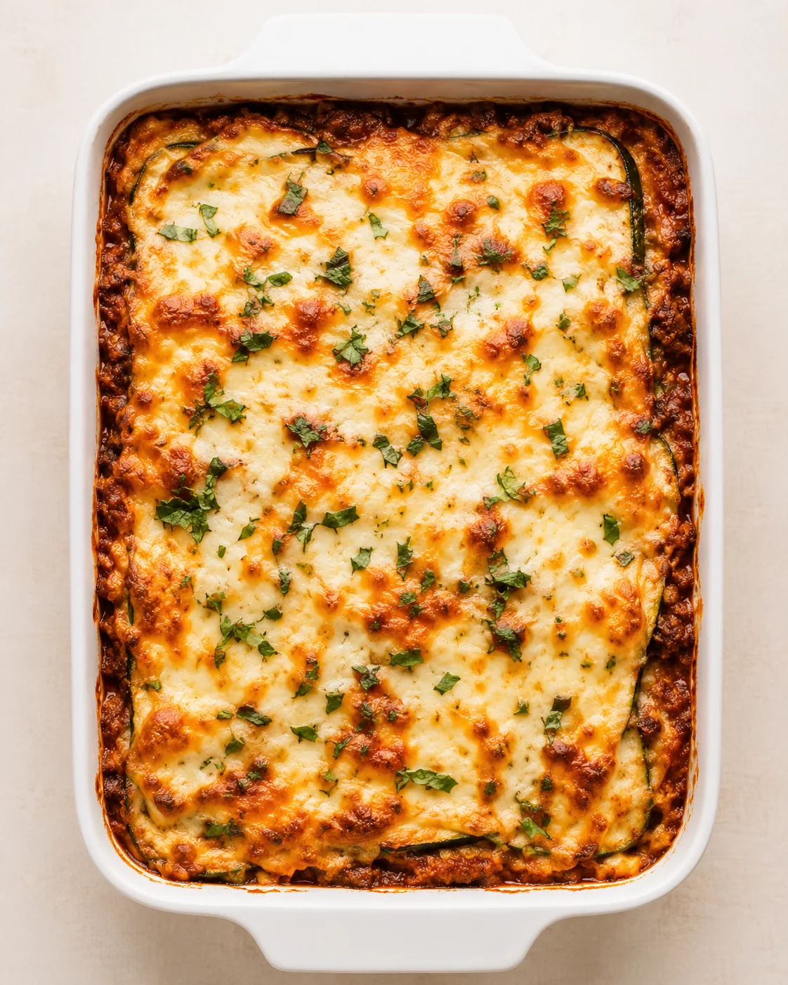 Top-down view of a white baking dish filled with lasagna, melted cheese, browned edges, and chopped parsley garnish.