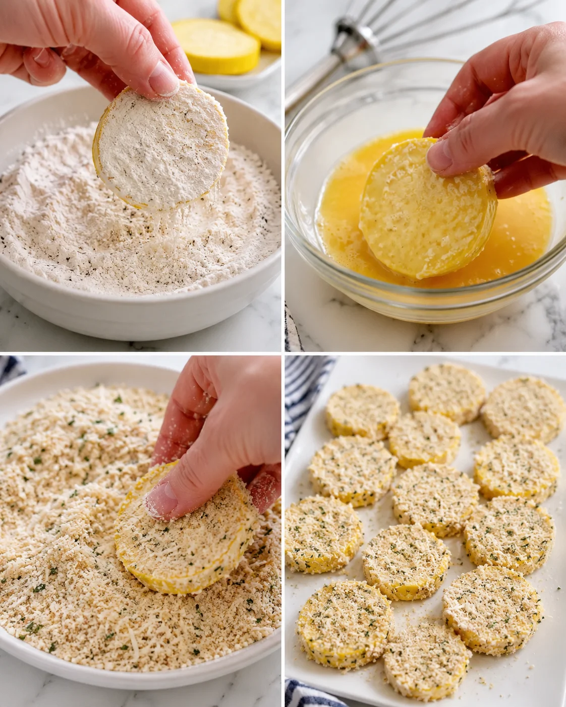 Collage of lemon slices being breaded: flour dredge, egg wash, crumb coating, ready-to-cook rounds.