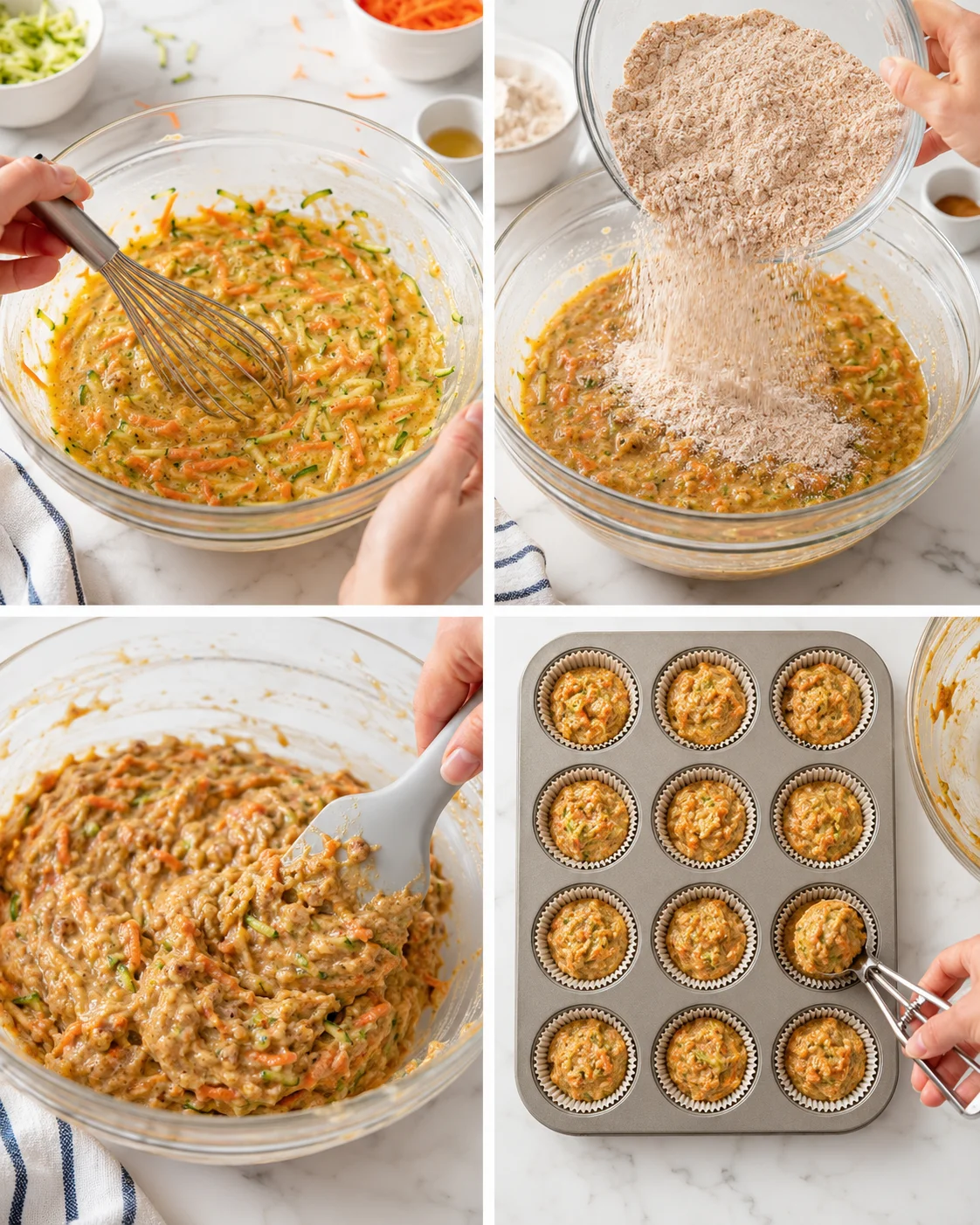 Collage of carrot-zucchini muffin batter being prepared: whisking, flour pouring, mixing, and filling muffin cups.