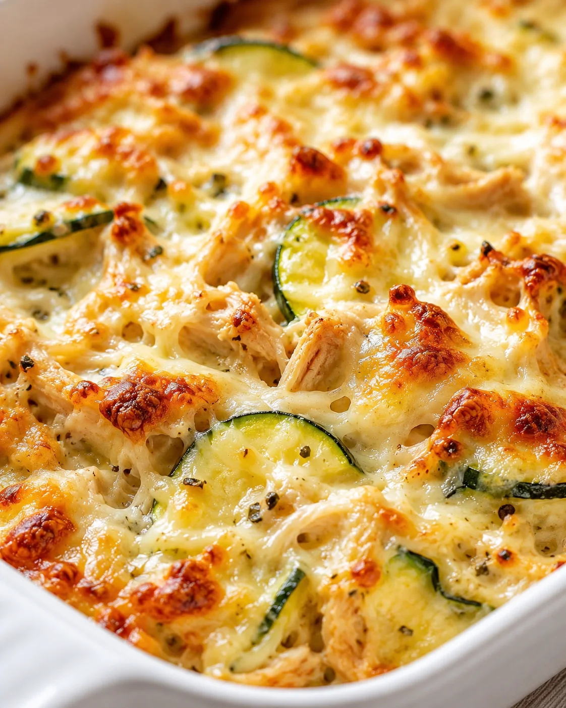 Close-up of a bubbling cheesy chicken and zucchini bake with a golden crust in a white dish.