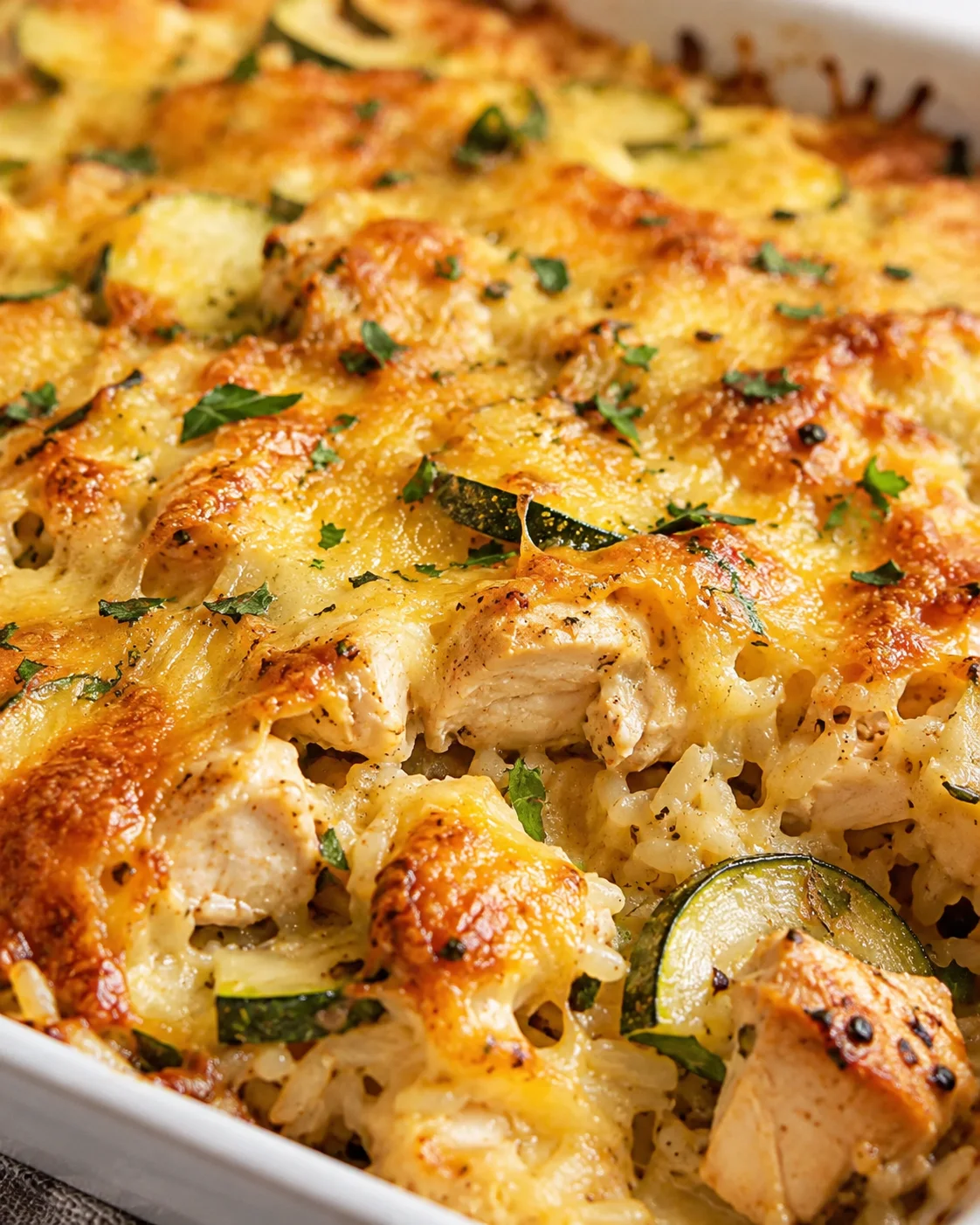 Golden baked chicken and zucchini casserole with melted cheese and parsley in a white baking dish