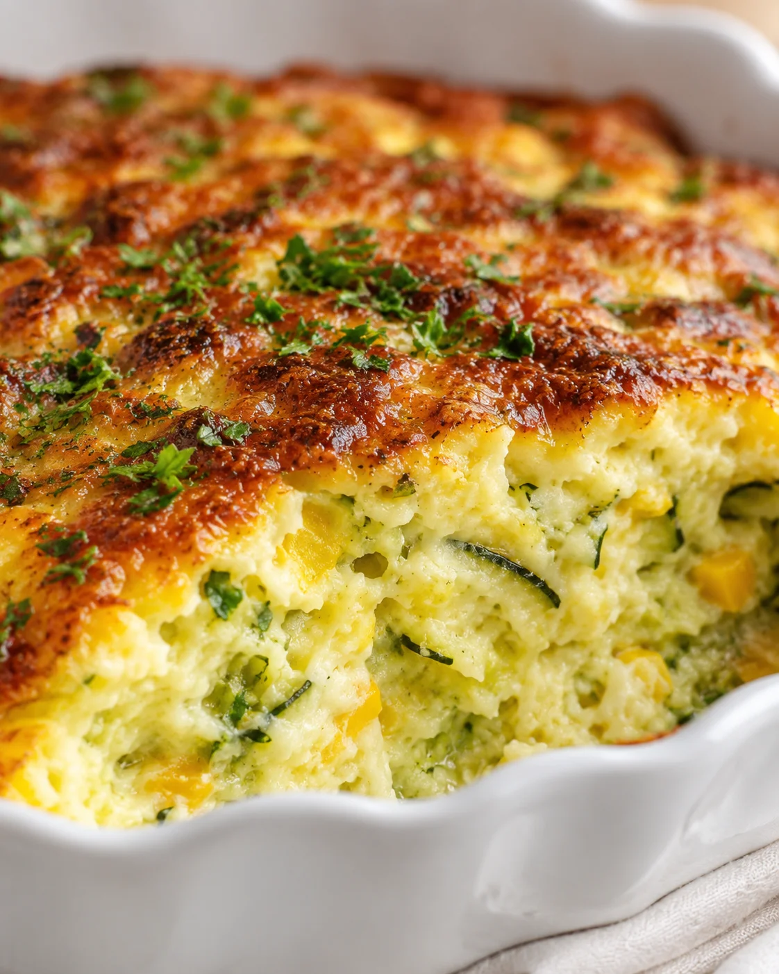 Golden-brown cheesy vegetable frittata with corn and zucchini in a white baking dish