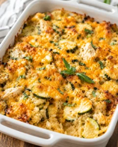 baked cheesy chicken and zucchini casserole in a white baking dish on a wooden surface