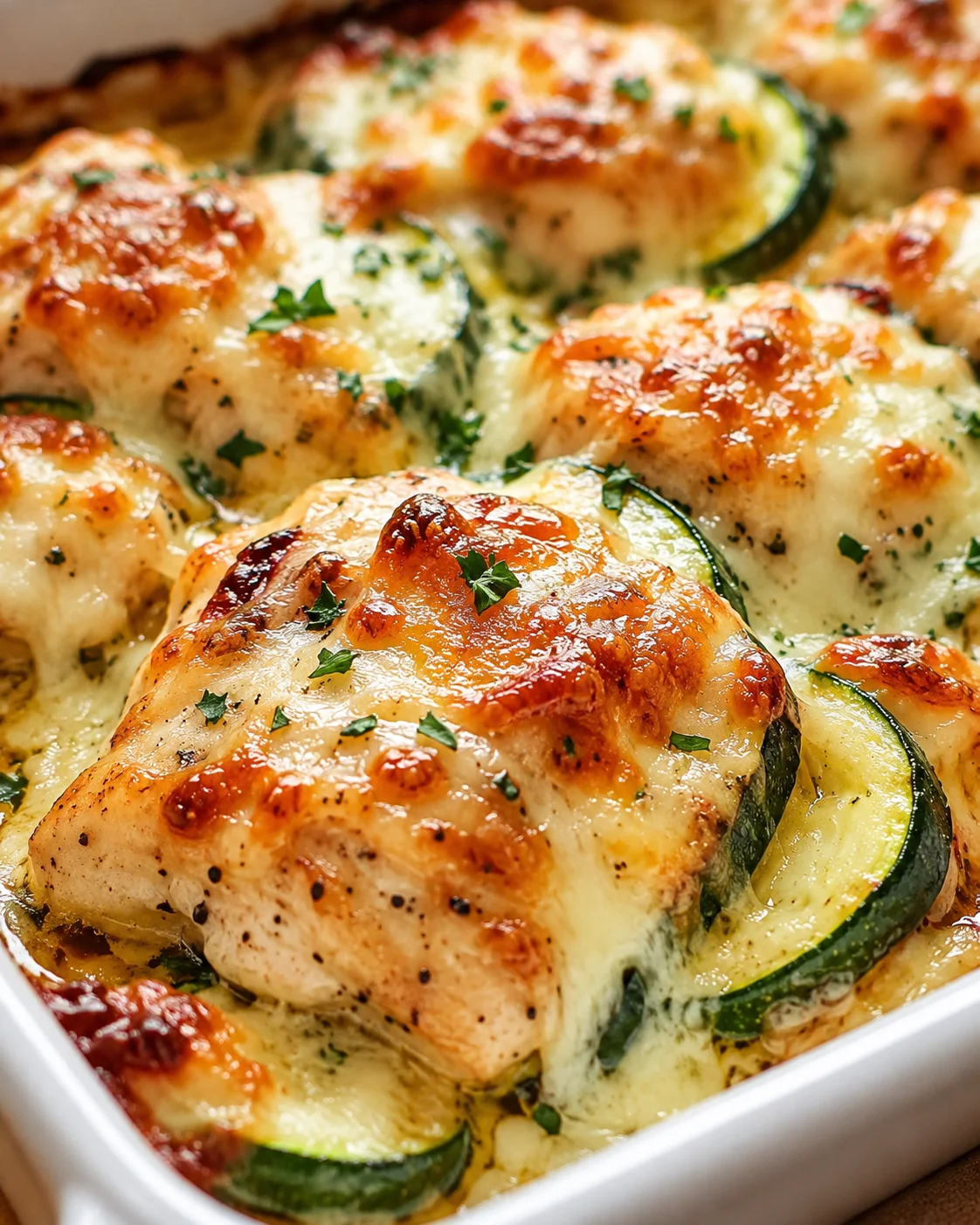 Golden baked chicken and zucchini with melted cheese, garnished with parsley