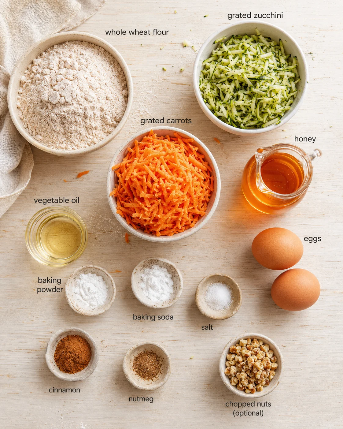 Overhead shot of bowls with flour, grated zucchini, carrots, honey, eggs, and spices on a light wooden surface with labels.