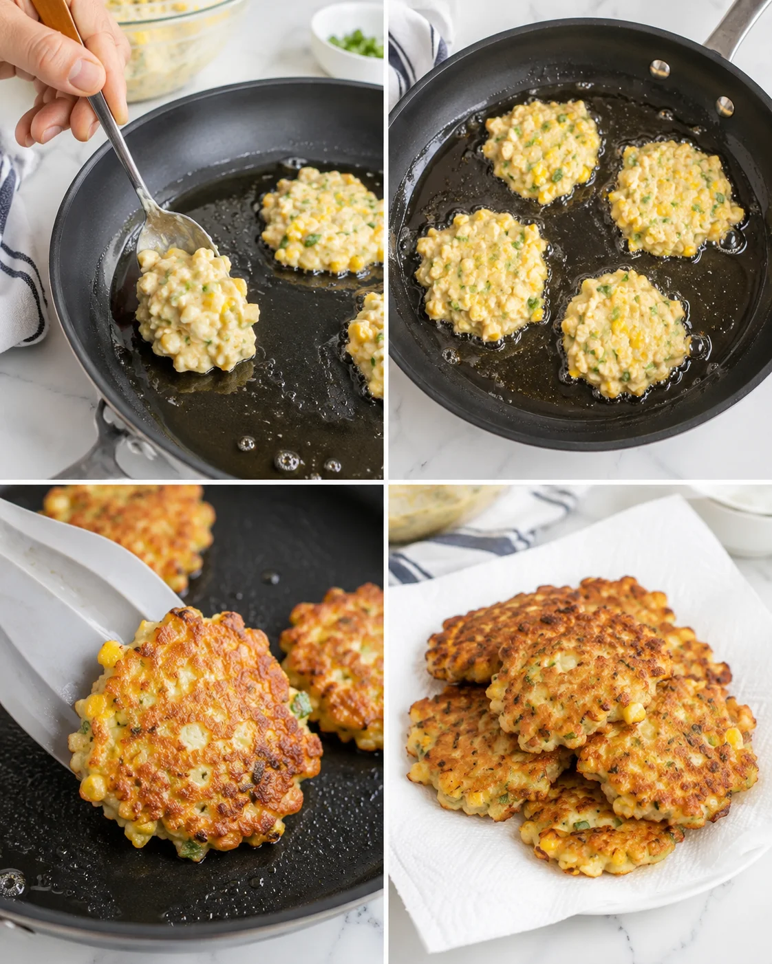 Collage showing corn fritters being pan-fried and a stack of golden fritters