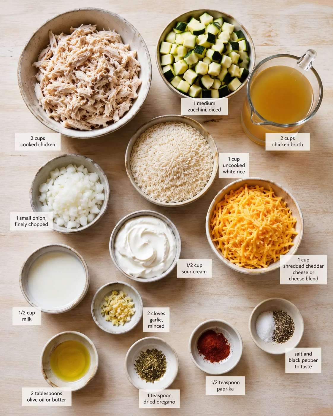 flat lay of bowls with shredded chicken, rice, zucchini, cheese, onions, and spices for a casserole