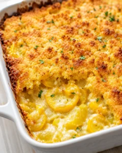 Creamy potato gratin with a golden breadcrumb crust in a white baking dish, sprinkled with parsley.