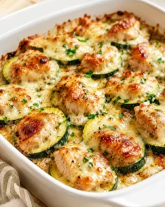 baked chicken and zucchini with melted cheese in a white casserole dish, parsley garnish