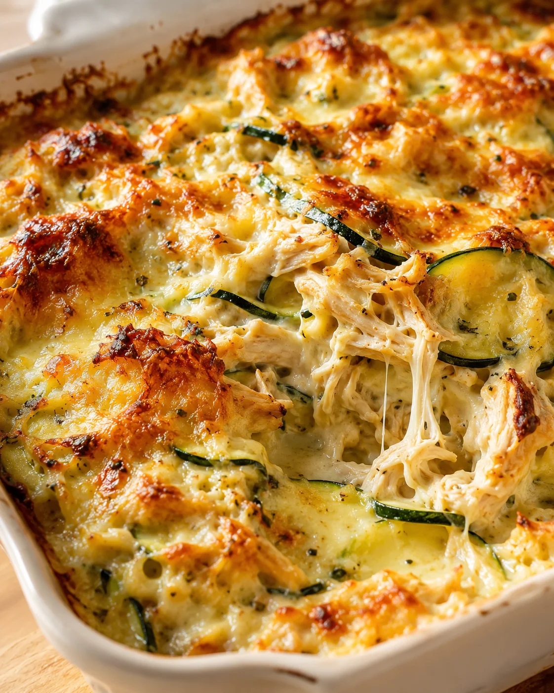 creamy chicken and zucchini casserole with melted cheese in a white baking dish