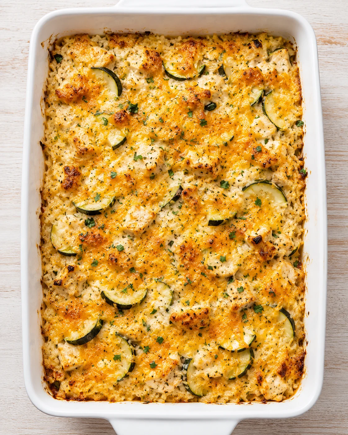 Creamy casserole topped with zucchini slices and a golden cheese crust in a white baking dish.