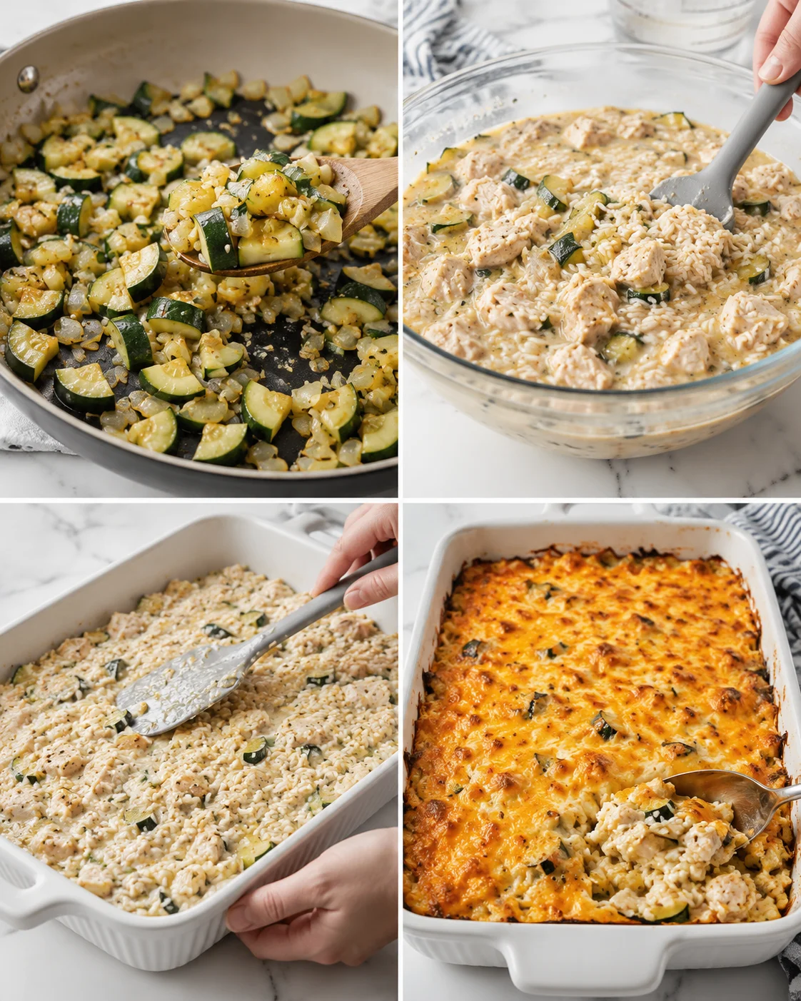 Collage of cooking steps: sautéed zucchini with onions, creamy chicken-zucchini-rice mixture, and a golden baked casserole.