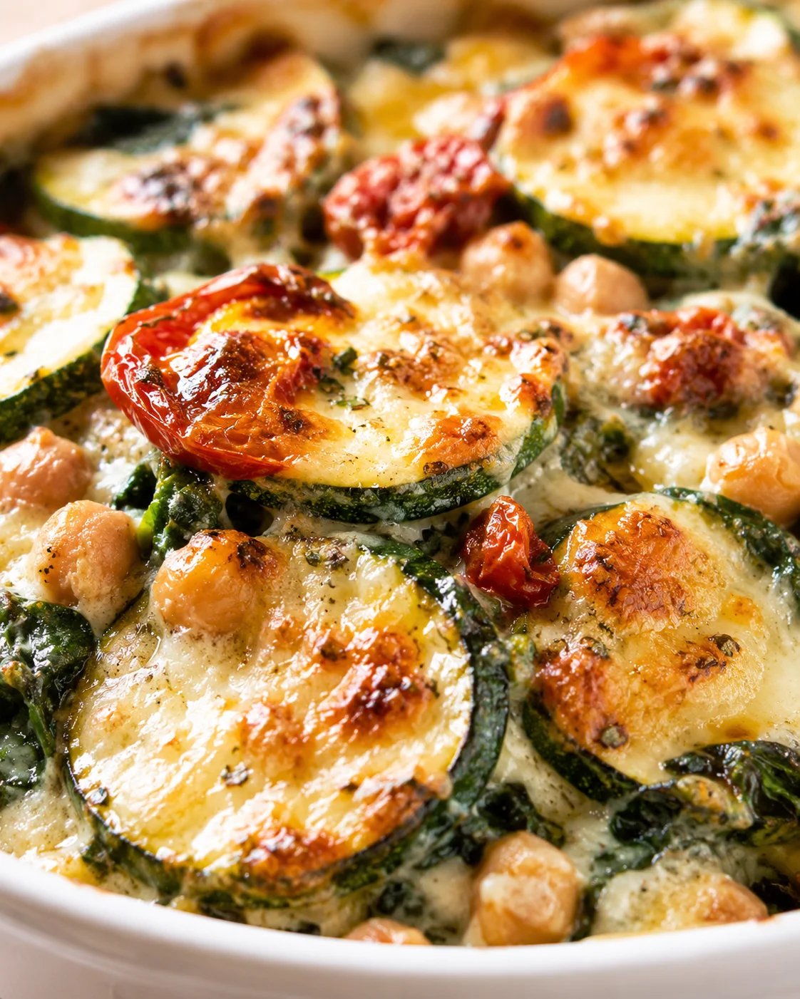 Close-up of a baked zucchini gratin with melted cheese, roasted tomatoes, and greens.