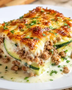 slice of creamy zucchini lasagna with melted cheese on a white plate